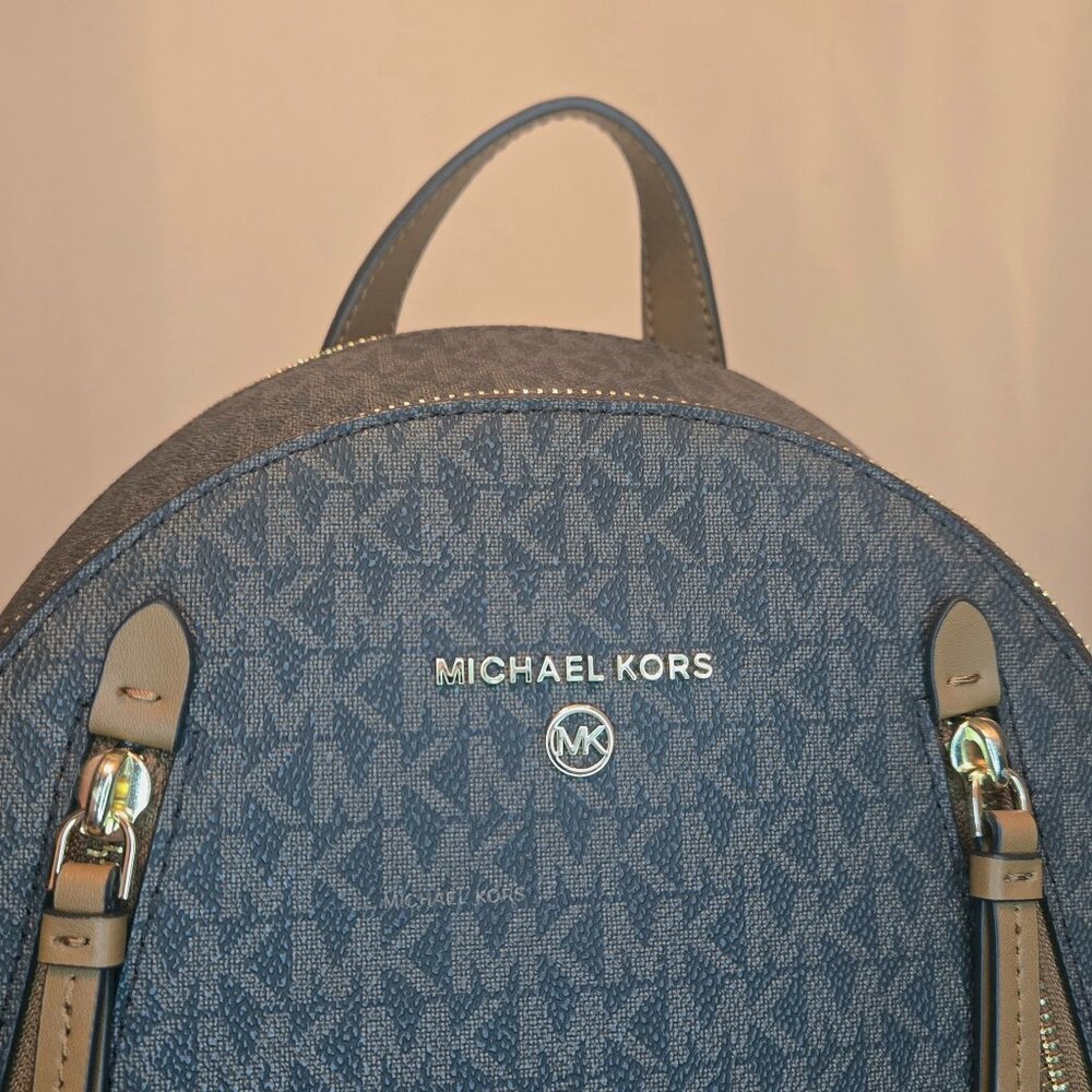 Michael Kors Brooklyn Medium Logo Backpack Purse Brown MK Monogram Leather - Picture 7 of 9